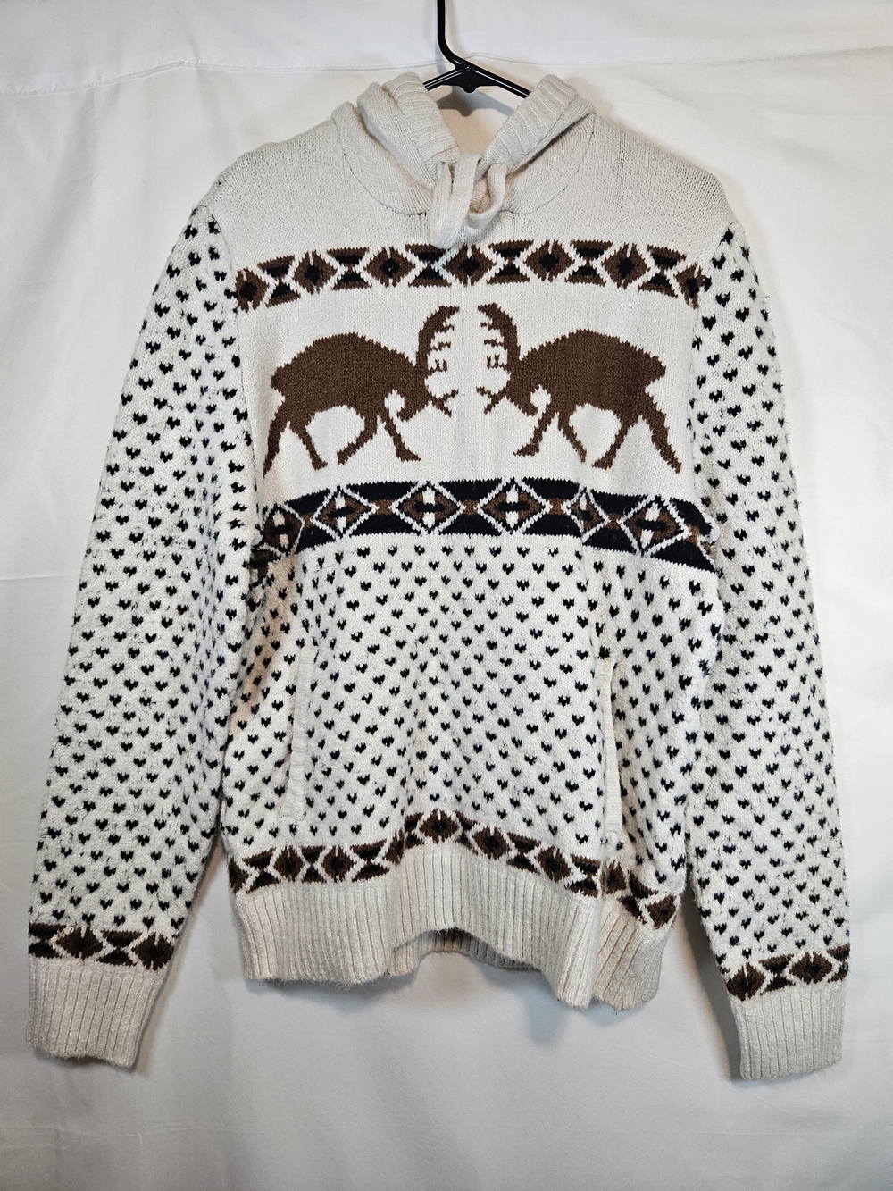 American Eagle Outfitters Cream Knit Fairaisle Hoodie with Brown Deer Pattern